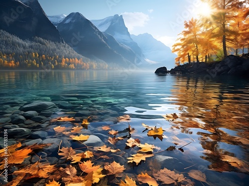 Mountain lake with snow and golden larches in autumn, Switzerland