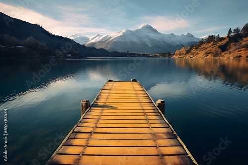 Wooden jetty on the lake at sunrise, Alps, Switzerland