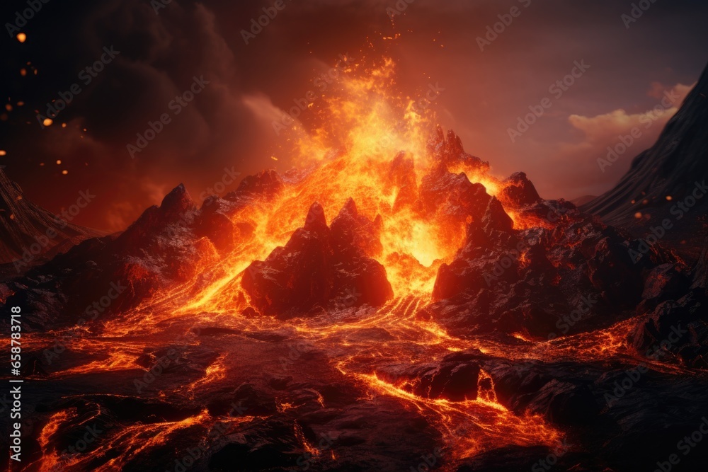 A powerful and active volcano with molten lava flowing down its sides. This captivating image captures the raw power and beauty of nature. Perfect for illustrating the forces of the Earth and natural 