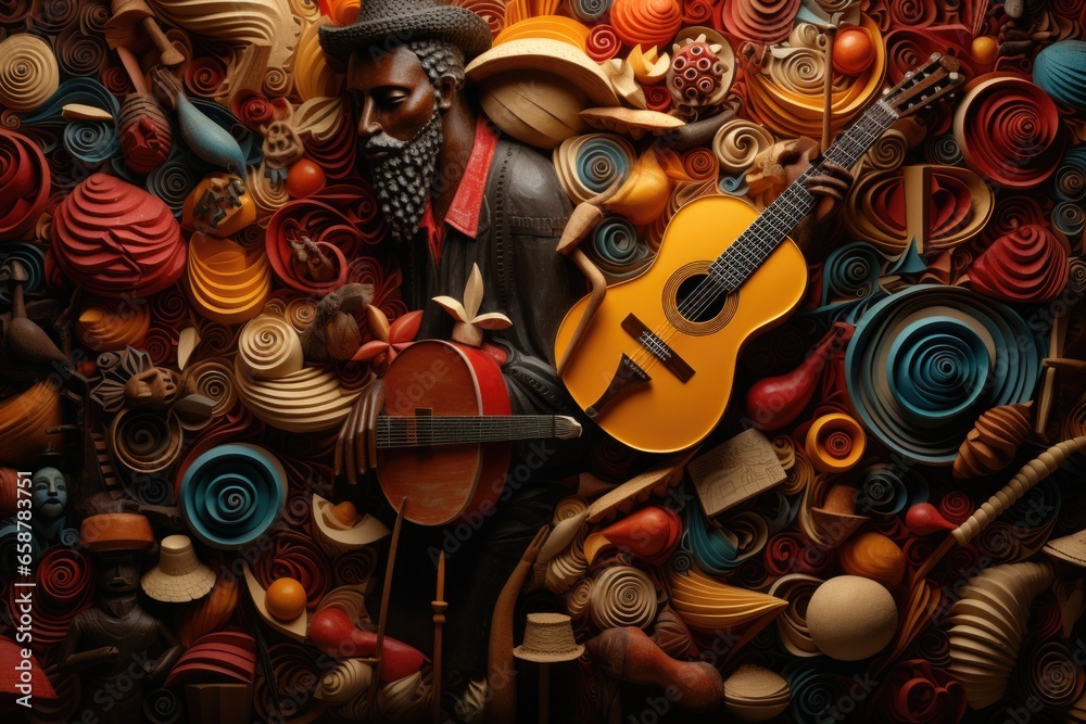 Naklejka premium A collection of different types of musical instruments showcased in a vibrant setting. Perfect for musicians, music lovers, or anyone looking to add a touch of rhythm to their designs.