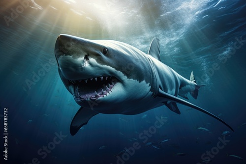 A shark with its mouth wide open swimming in the ocean. Perfect for illustrating the power and danger of marine life. Suitable for educational materials  nature documentaries  and wildlife conservatio