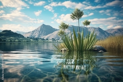 A picture of a small island situated in the middle of a serene lake. Perfect for nature and travel-related projects.