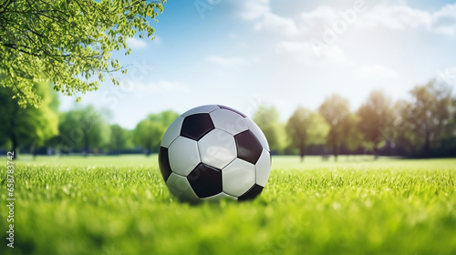 Shot of a soccer ball on a green grass