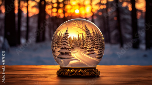 Christmas winter forest and sunset background. Christmas ball