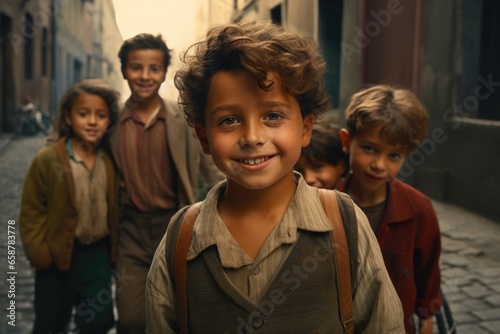 A group of young children standing together on a cobblestone street. This image can be used to depict friendship  childhood  community  or urban lifestyle.