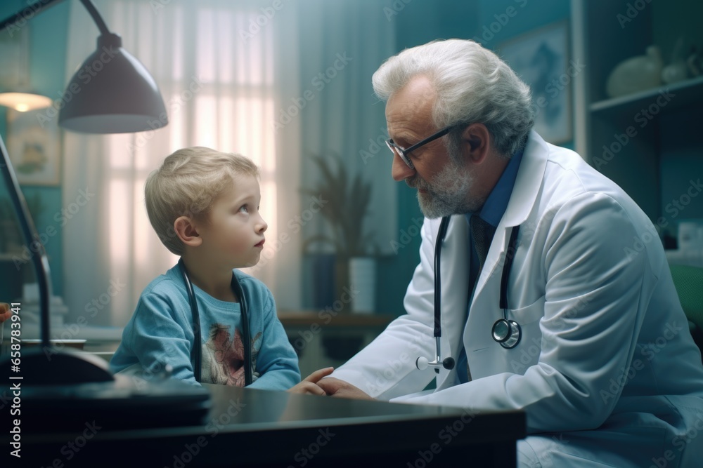 A man wearing a lab coat is engaged in conversation with a young boy. This image can be used to depict mentorship, education, or scientific learning. - obrazy, fototapety, plakaty 