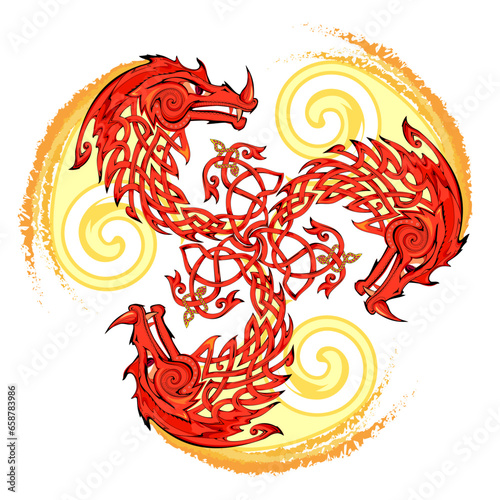 Red dragon triskelion. Ancient Irish symbol. Ethnic magic sign. Celtic knot pattern. Triple trickle Celtic spiral ornament. Print for logo, icon, coin, tattoo. Circle decoration. Vector illustration.