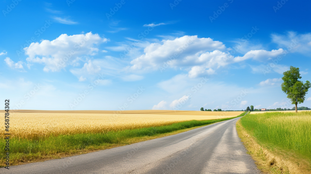 rural steppe landscape with asphalt road