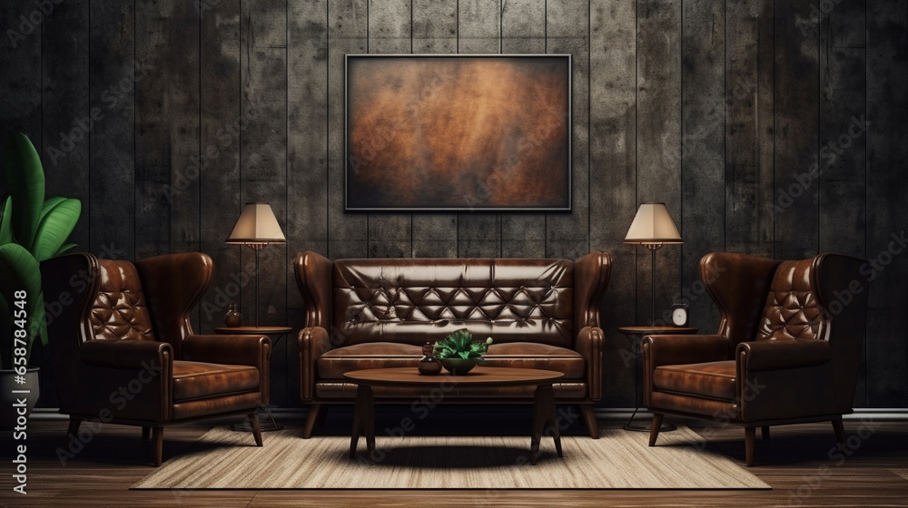 Distressed grungy interior with decorative floral wallpaper. Frame left blank intentionally. - obrazy, fototapety, plakaty 