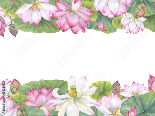 Rectangle frame with watercolor pink lotuses. Water Lilies, Indian lotus, green leaf, bud. Space for text. Floral hand painted illustration for Valentine day, wedding, birthday, mother day cards