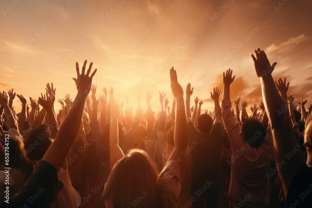 A picture of a group of people raising their hands in the air. Perfect for illustrating unity, celebration, teamwork, or excitement. Ideal for websites, presentations, marketing materials, and social 
