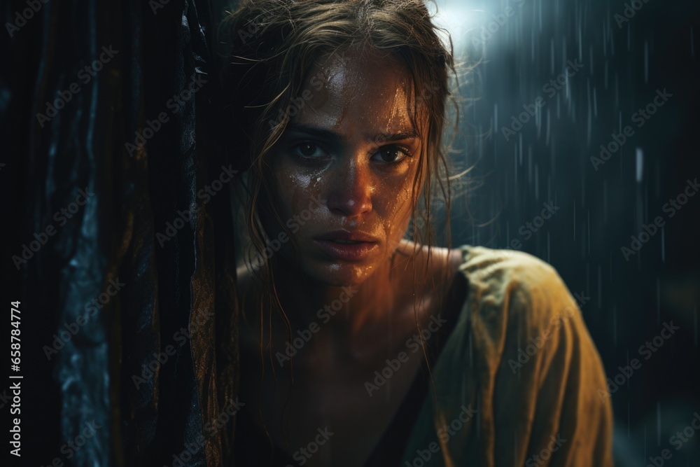 A woman standing next to a tree in the rain. This image can be used to depict solitude, nature, or rainy weather. A woman standing next to a tree in the rain. This image can be used to depict solitude, nature, or rainy weather.