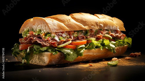 The chopped sandwich или italian chopped sandwich on dark texture. Banner. photo