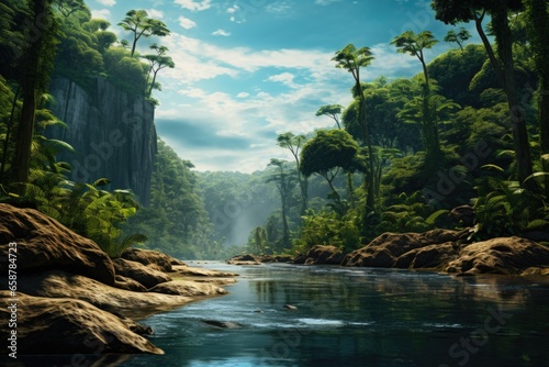 A picturesque view of a river running through a vibrant and dense green forest. This image captures the serenity and beauty of nature. Perfect for use in travel brochures, environmental campaigns, or 
