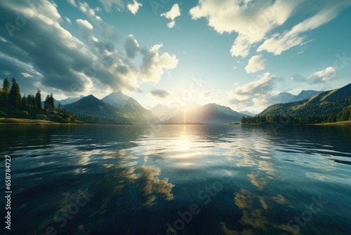A stunning sunset over a serene lake, with majestic mountains in the background. This image captures the beauty of nature and the peacefulness of the landscape. Perfect for travel brochures, website b