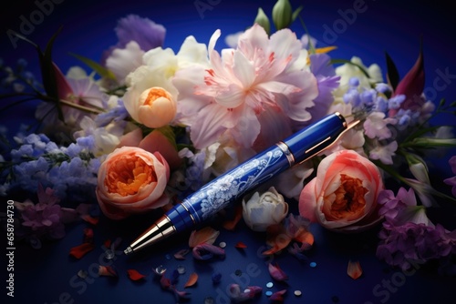 A blue pen is placed on top of a vibrant bunch of flowers. This image can be used for various purposes, such as stationery, creativity, or writing inspiration.