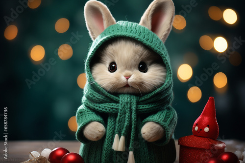 Festive Fluff, Adorable Bunny with a Green Scarf on Christmas Tree Background