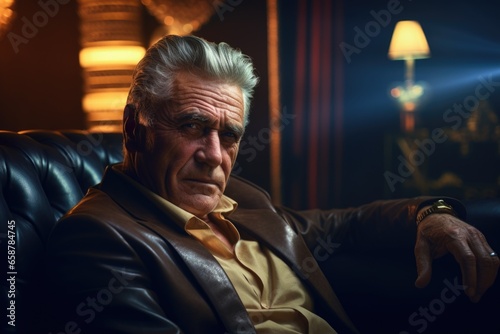 A man wearing a leather jacket sitting comfortably in a chair. This image can be used to depict style, fashion, or relaxation.