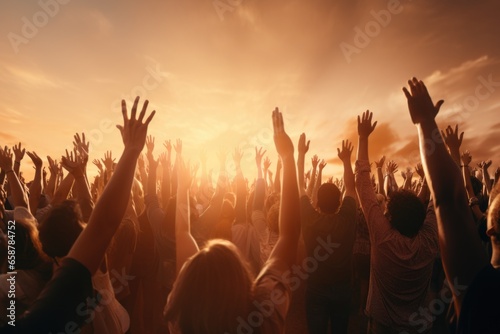 A picture of a group of people raising their hands in the air. Perfect for illustrating unity, celebration, teamwork, or excitement. Ideal for websites, presentations, marketing materials, and social  © Fotograf