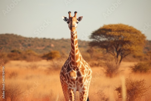 A giraffe standing tall in the middle of a field. Perfect for nature and wildlife themes. © Fotograf