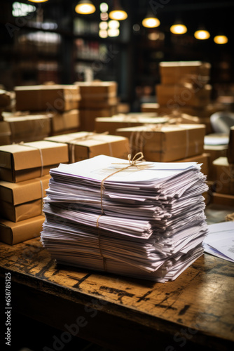 Results of an audit of documents of a large industrial warehouse. Stacks of reports on the table against the background of shelves photo