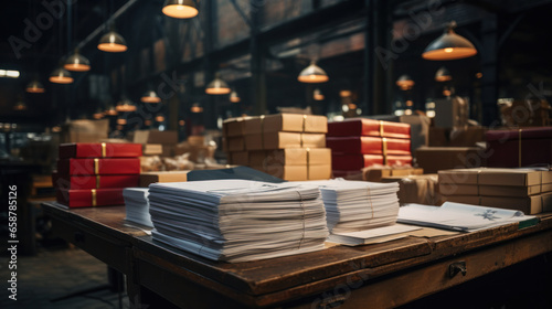 Results of an audit of documents of a large industrial warehouse. Stacks of reports on the table against the background of shelves