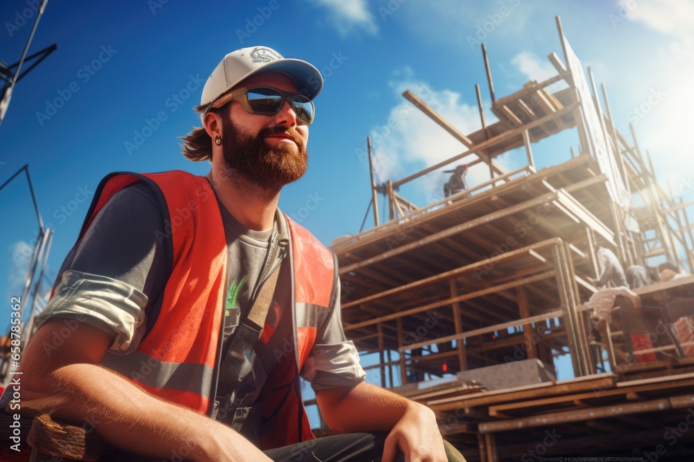 A man sitting on the ground in front of a construction site. This image can be used to depict relaxation or contemplation amidst a busy construction environment.
