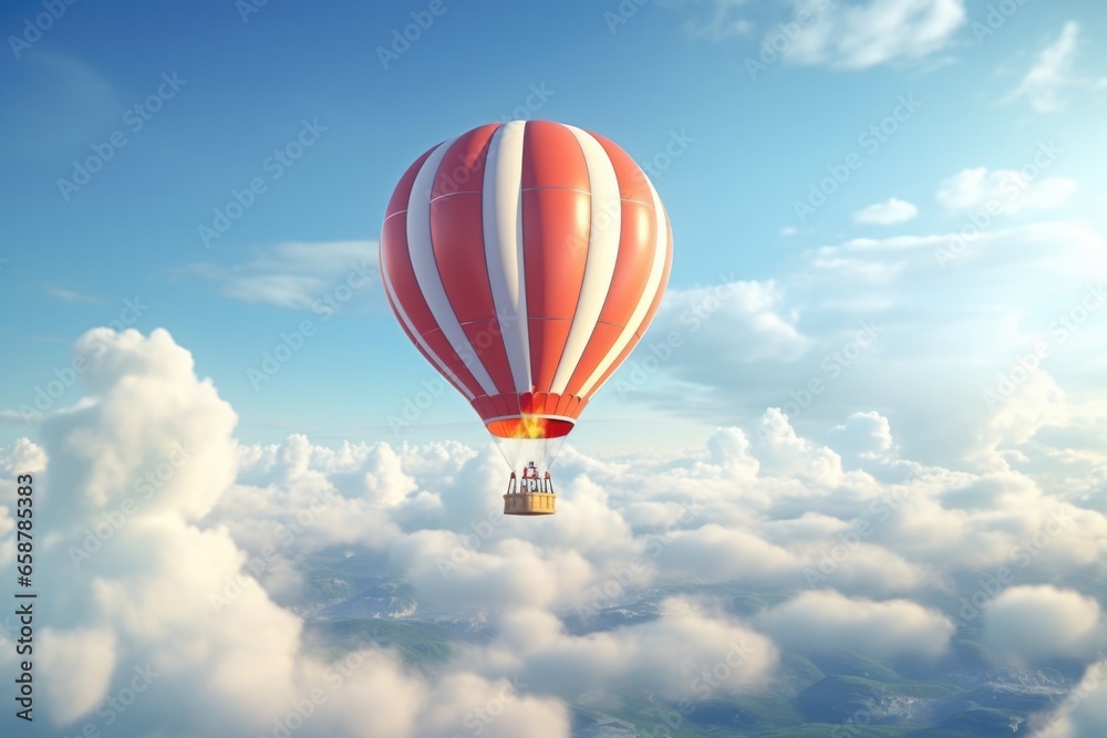 Naklejka premium A vibrant red and white hot air balloon gracefully soaring through the sky. Perfect for travel and adventure themes.