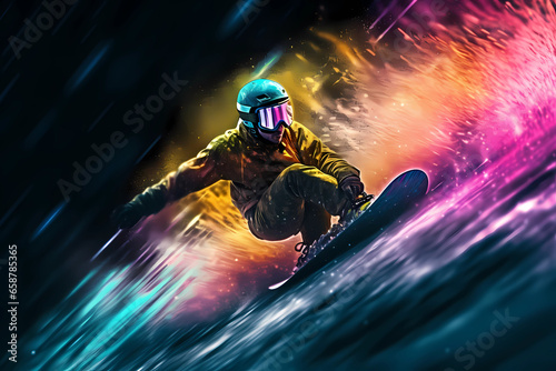 Extreme Sports in Vivid Color - A Snowboarder Shredding. Witness the exhilarating spectacle of a snowboarder shredding down the mountain, effortlessly maneuvering through the snow-covered slopes