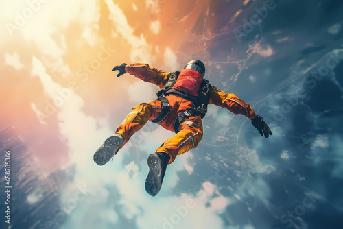 Extreme Sports in Vivid Color - A Skydiver soaring through the expanse of the open sky, a fearless individual embraces the thrill of freefalling, defying gravity with unwavering courage & exhilaration