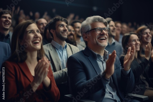 A group of people sitting in front of a crowd clapping. This image can be used to represent applause, appreciation, or a live event. © Fotograf