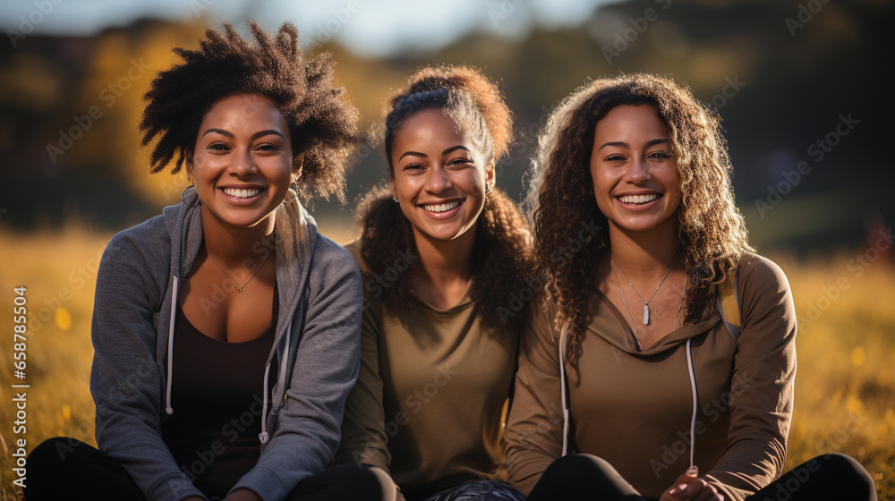 Fototapeta premium Three African American Female Friends Getting Together In the Park for Some Exercise. Generative AI.