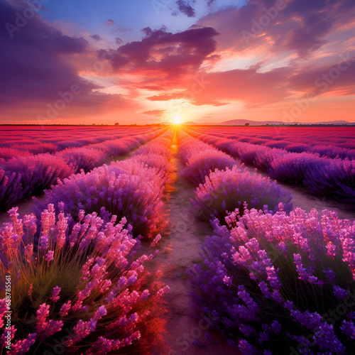 lavender field at sunset,at sunset Blooming lavender in a field at sunset in Provence, France Stunning landscape with lavender field at sunset