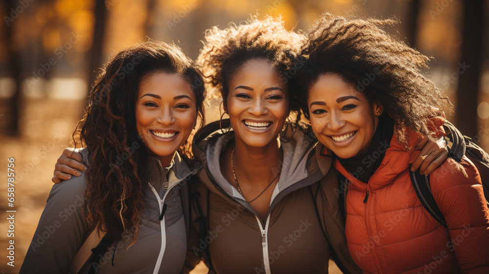 Fototapeta premium Three African American Female Friends Getting Together In the Park for Some Exercise. Generative AI.