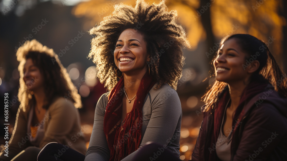 Several African American Female Friends Getting Together In the Park for Some Yoga Exercise. Generative AI. - obrazy, fototapety, plakaty 