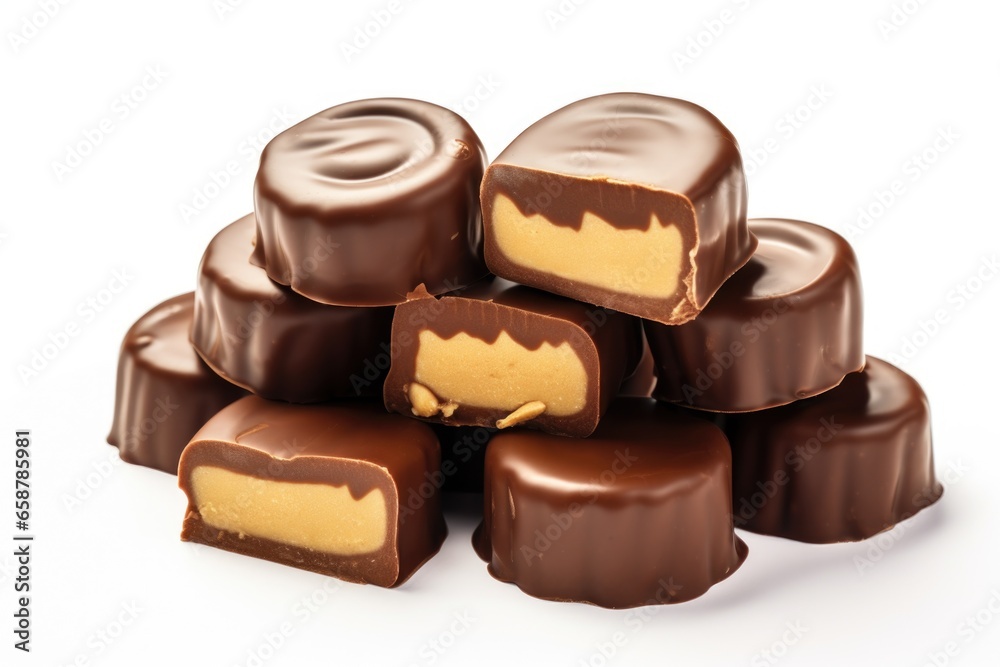 A pile of chocolates stacked on top of each other. This image can be used to depict indulgence, sweet treats, or a dessert buffet. A pile of chocolates stacked on top of each other. This image can be used to depict indulgence, sweet treats, or a dessert buffet.