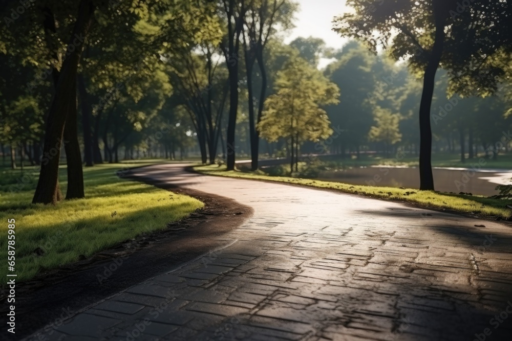A paved path winding through a serene park, lined with beautiful trees. Ideal for nature lovers and outdoor enthusiasts.