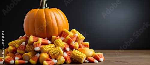 Pile of candy corn and pumpkins on Halloween With copyspace for text photo