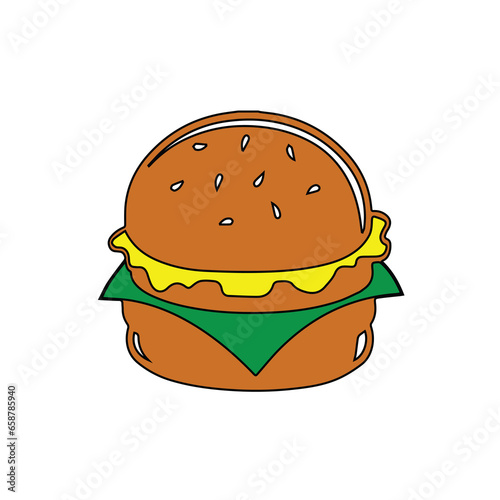 Cartoon Burger With Lettuce, Tomato, And Cheese. Vector Hand Drawn Illustration Isolated On Transparent Background. 