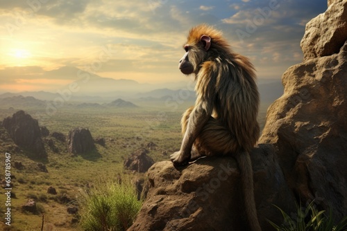 A monkey is seen sitting on top of a large rock. This image can be used to depict wildlife, nature, or animal behavior.