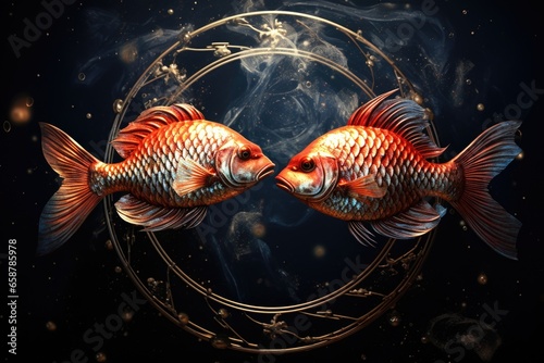 Two goldfish facing each other in a circular frame. Perfect for aquarium or pet shop advertisements. © Fotograf