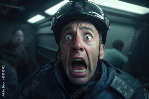 A picture of a man wearing a helmet with his mouth open. This image can be used to depict excitement, surprise, or intense focus in various contexts. © Fotograf