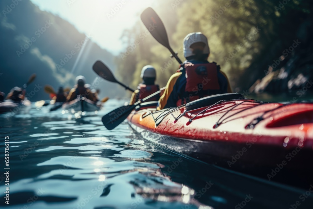 A group of people are pictured paddling down a river in kayaks. This image can be used to depict outdoor recreational activities and team adventures. - obrazy, fototapety, plakaty 