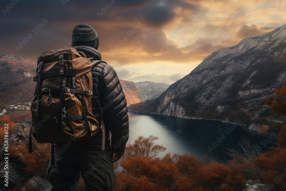 A man stands with a backpack, gazing at the tranquil beauty of a lake. This image captures the sense of adventure and appreciation for nature. Ideal for travel blogs, outdoor magazines, and wanderlust
