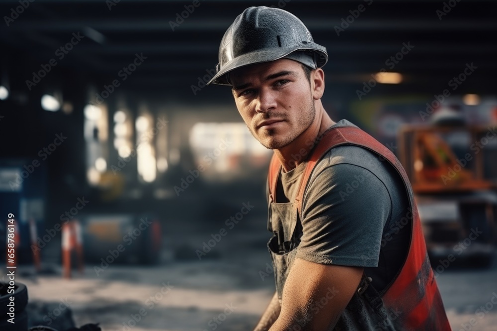A man is pictured wearing a hard hat and vest. This image can be used to depict a construction worker or someone working in a hazardous environment. A man is pictured wearing a hard hat and vest. This image can be used to depict a construction worker or someone working in a hazardous environment.