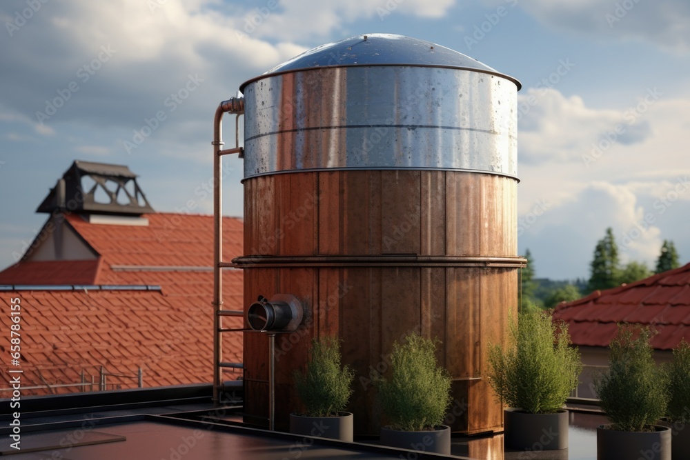 A large metal tank is seen sitting on top of a roof. This image can be used to depict water storage, industrial buildings, or urban landscapes.