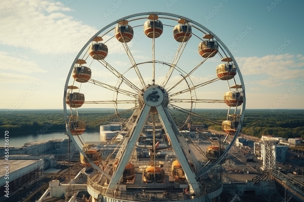 A large ferris wheel sits next to a body of water, creating a picturesque scene. This image can be used to capture the beauty of waterfront attractions and leisure activities.