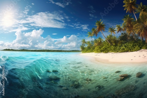 A scenic view of a beautiful beach with palm trees and a tranquil body of water. This picture can be used to depict a tropical vacation destination or as a background for travel-related content.