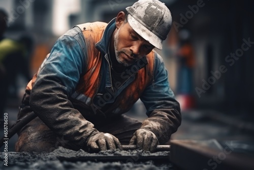A man wearing a hard hat is seen working on a piece of metal. This image can be used to depict construction, engineering, or industrial work.