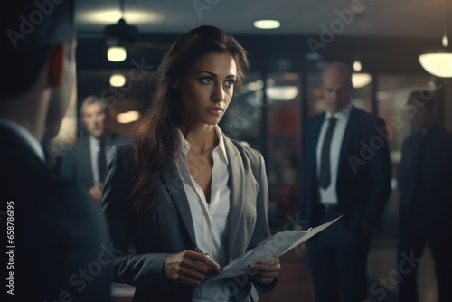 A professional woman dressed in a business suit holding a piece of paper. This image can be used to represent concepts such as business communication, office work, or professional documentation.